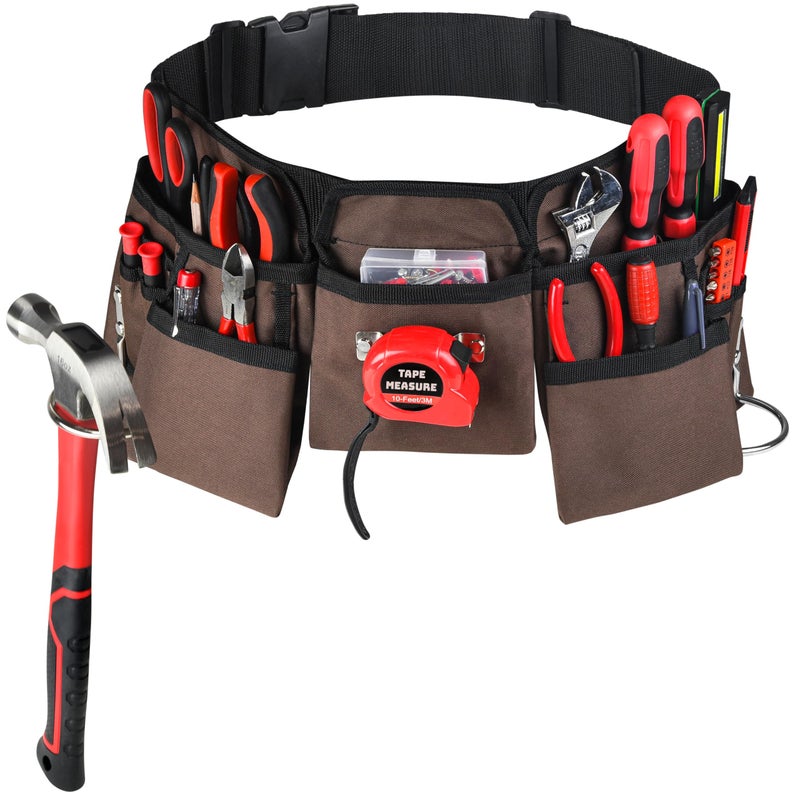 GlossyEnd 19 Pocket Brown and Black Heavy Duty Construction Tool Belt, Work Apron, Tool Pouch, with Poly Web Belt Quick Release Buckle - Adjusts from 33â€ Inches All the Way to 50â€ Inches - Image 1